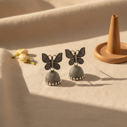 Oxidized Silver Butterfly Jhumka Earrings for Women | Traditional Dome Jhumki | Ethnic Statement Jewelry