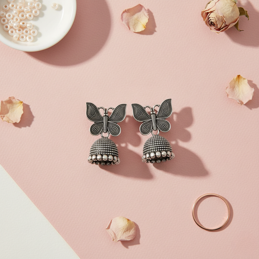 Oxidized Silver Butterfly Jhumka Earrings for Women | Traditional Dome Jhumki | Ethnic Statement Jewelry