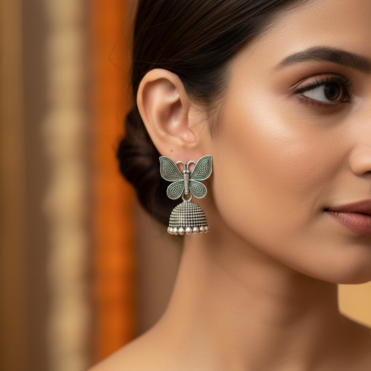 Oxidized Silver Butterfly Jhumka Earrings for Women | Traditional Dome Jhumki | Ethnic Statement Jewelry
