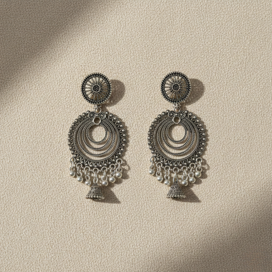 Oxidized Silver Layered Jhumka Earrings for Women | Traditional Circular Ethnic Statement Jewelry