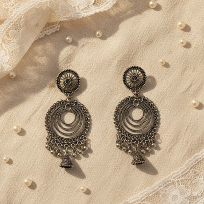 Oxidized Silver Layered Jhumka Earrings for Women | Traditional Circular Ethnic Statement Jewelry