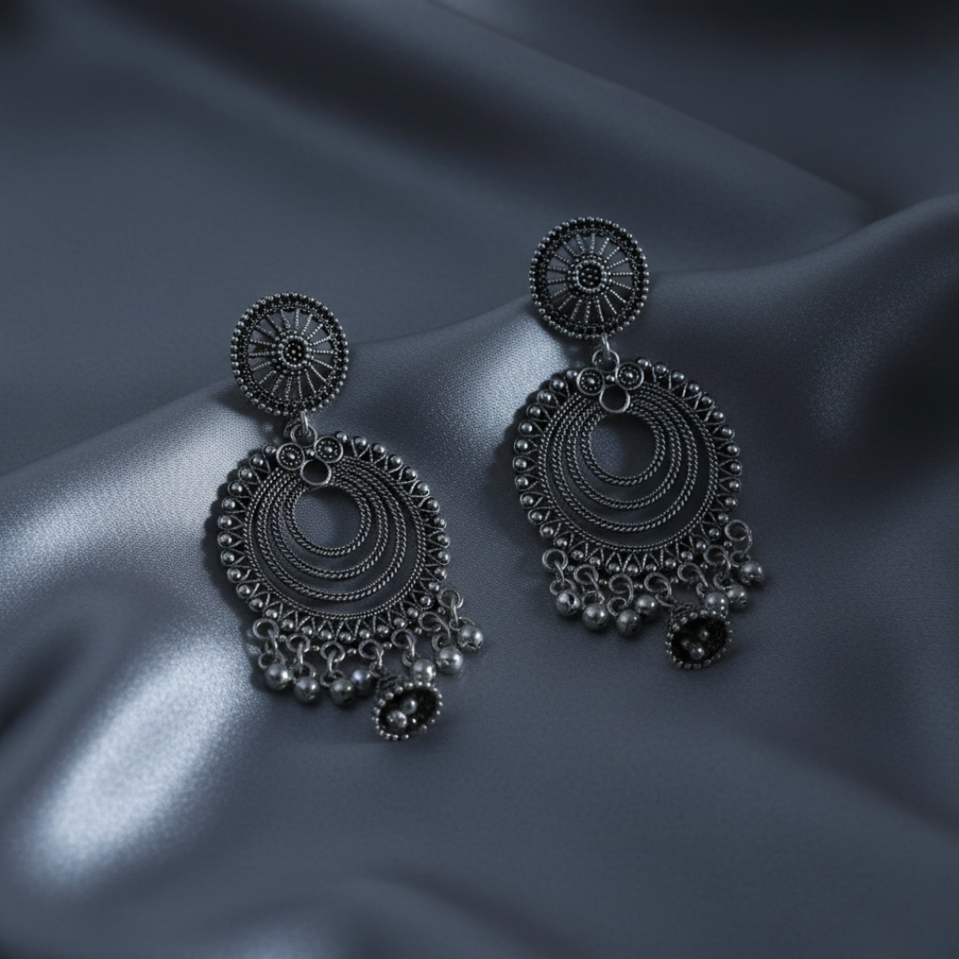 Oxidized Silver Layered Jhumka Earrings for Women | Traditional Circular Ethnic Statement Jewelry