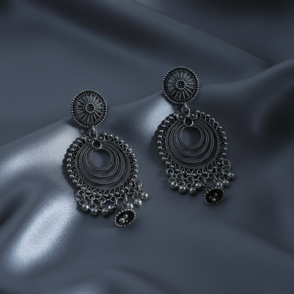 Oxidized Silver Layered Jhumka Earrings for Women | Traditional Circular Ethnic Statement Jewelry