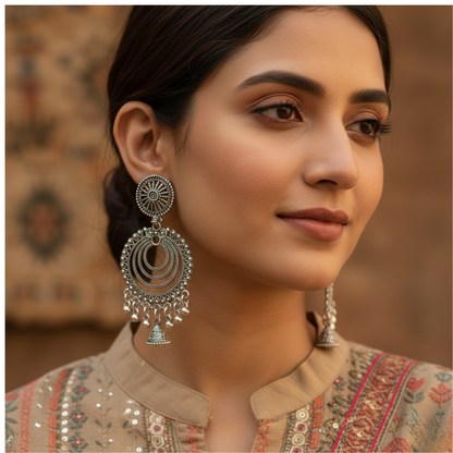 Oxidized Silver Layered Jhumka Earrings for Women | Traditional Circular Ethnic Statement Jewelry
