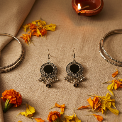 Oxidized Silver Round Black Stone Earrings with Dangling Jhumki Charms | Traditional Ethnic Statement Drop Earrings for Women