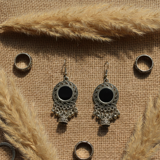 Oxidized Silver Round Black Stone Earrings with Dangling Jhumki Charms | Traditional Ethnic Statement Drop Earrings for Women
