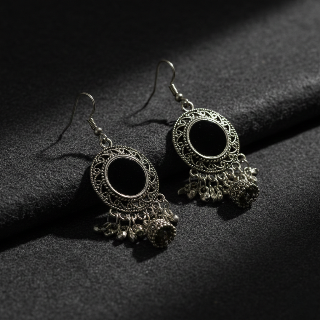 Oxidized Silver Round Black Stone Earrings with Dangling Jhumki Charms | Traditional Ethnic Statement Drop Earrings for Women