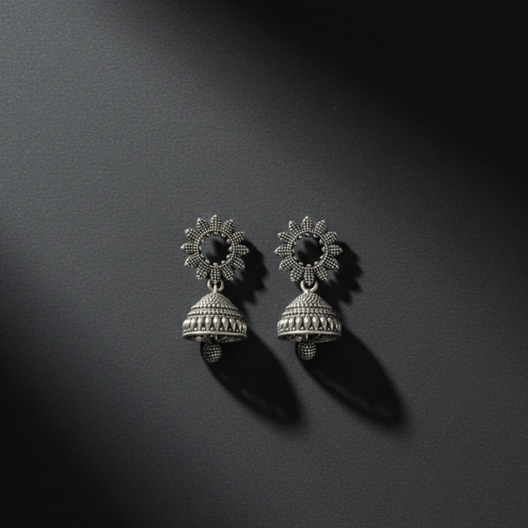 Oxidized Silver Floral Jhumki Earrings for Women | Traditional Dome Jhumka | Ethnic Statement Jewelry | Lightweight Daily & Festive Wear