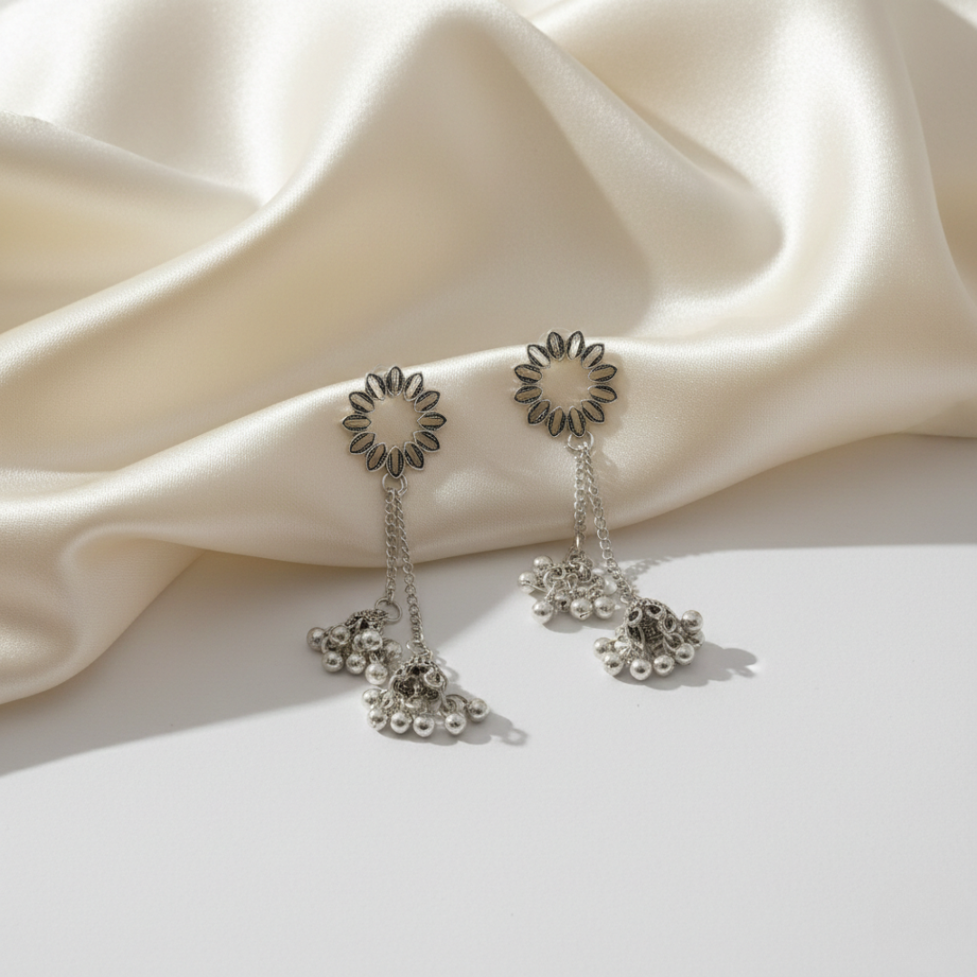 Oxidized Silver Floral Drop Jhumki Earrings for Women | Traditional Ethnic Dangling Jhumkas | Lightweight Statement Jewelry