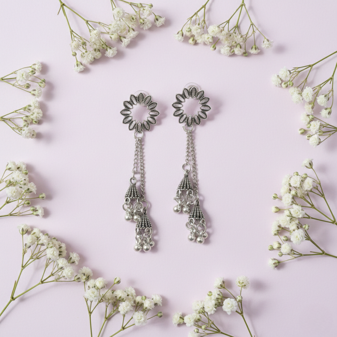 Oxidized Silver Floral Drop Jhumki Earrings for Women | Traditional Ethnic Dangling Jhumkas | Lightweight Statement Jewelry