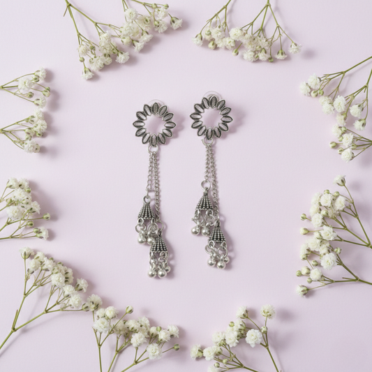Oxidized Silver Floral Drop Jhumki Earrings for Women | Traditional Ethnic Dangling Jhumkas | Lightweight Statement Jewelry