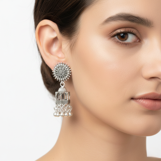 Oxidized Silver Traditional Jhumki Earrings for Women | Ethnic Dome Design Statement Jhumkas | Lightweight Party & Festive Jewelry