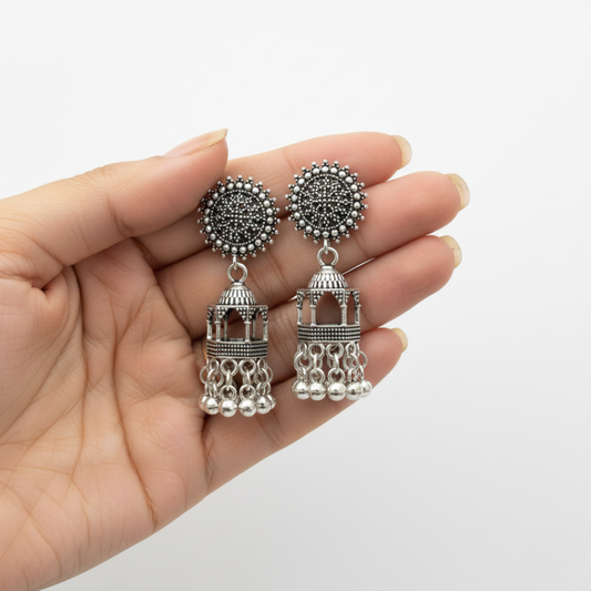 Oxidized Silver Traditional Jhumki Earrings for Women | Ethnic Dome Design Statement Jhumkas | Lightweight Party & Festive Jewelry