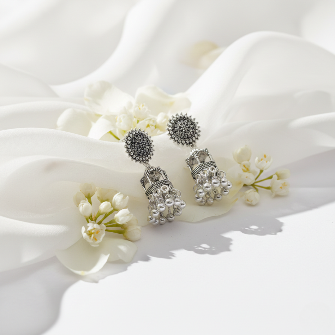 Oxidized Silver Traditional Jhumki Earrings for Women | Ethnic Dome Design Statement Jhumkas | Lightweight Party & Festive Jewelry