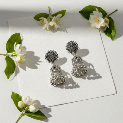 Oxidized Silver Traditional Jhumki Earrings for Women | Ethnic Dome Design Statement Jhumkas | Lightweight Party & Festive Jewelry