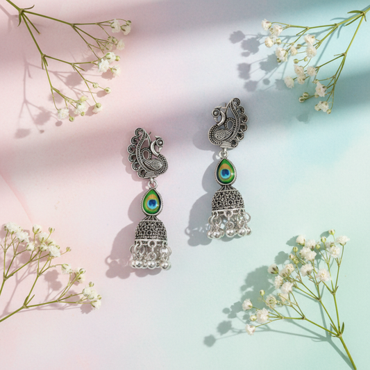 Oxidized Silver Peacock Design Jhumki Earrings for Women | Traditional Ethnic Dome Jhumkas | Statement Party & Festive Jewelry