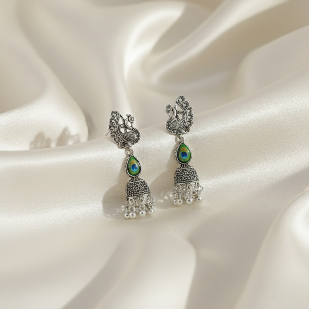 Oxidized Silver Peacock Design Jhumki Earrings for Women | Traditional Ethnic Dome Jhumkas | Statement Party & Festive Jewelry