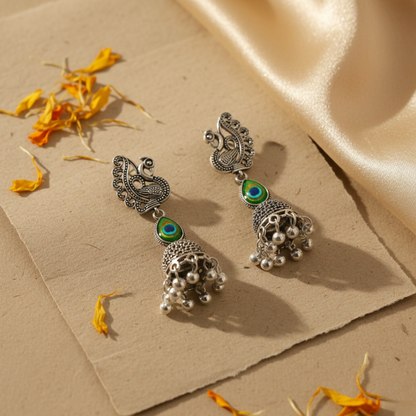 Oxidized Silver Peacock Design Jhumki Earrings for Women | Traditional Ethnic Dome Jhumkas | Statement Party & Festive Jewelry