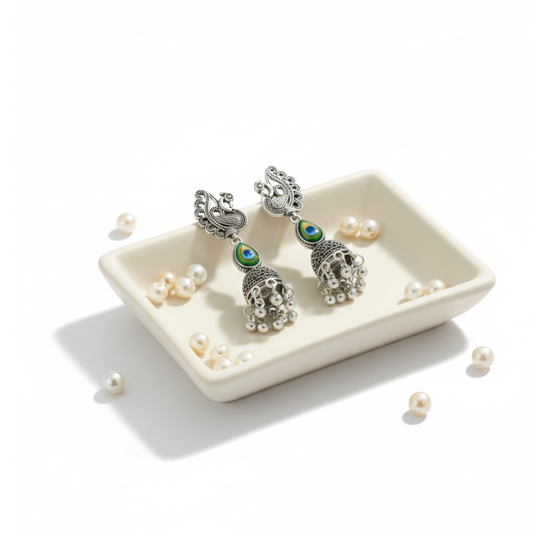 Oxidized Silver Peacock Design Jhumki Earrings for Women | Traditional Ethnic Dome Jhumkas | Statement Party & Festive Jewelry