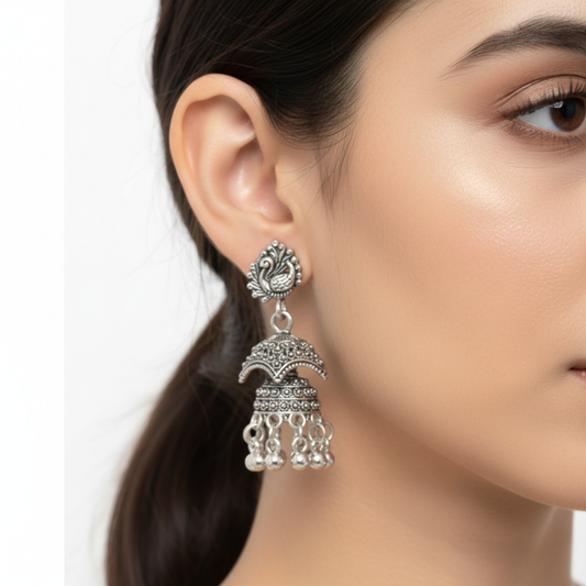 Oxidized Silver Peacock Design Jhumki Earrings for Women | Traditional Dome Jhumka | Ethnic Statement Jewelry