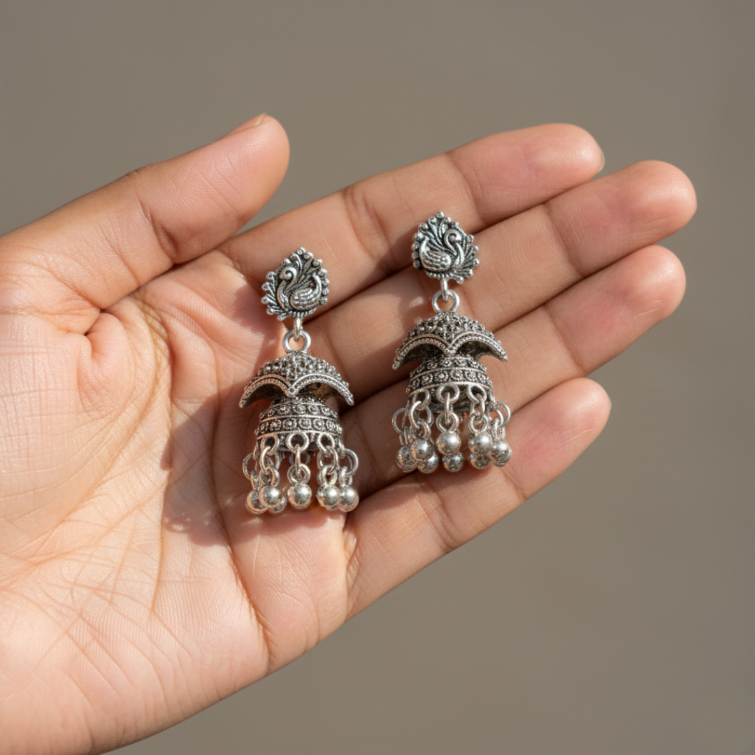 Oxidized Silver Peacock Design Jhumki Earrings for Women | Traditional Dome Jhumka | Ethnic Statement Jewelry