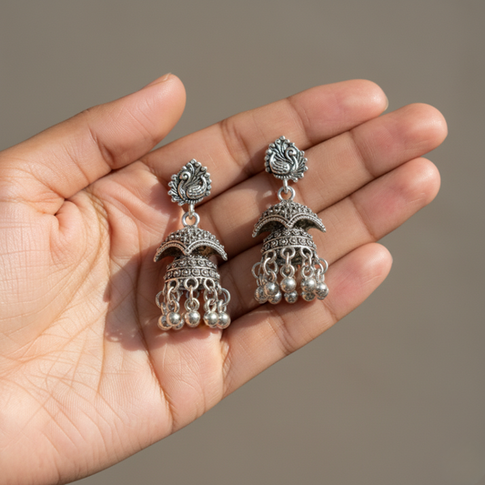 Oxidized Silver Peacock Design Jhumki Earrings for Women | Traditional Dome Jhumka | Ethnic Statement Jewelry