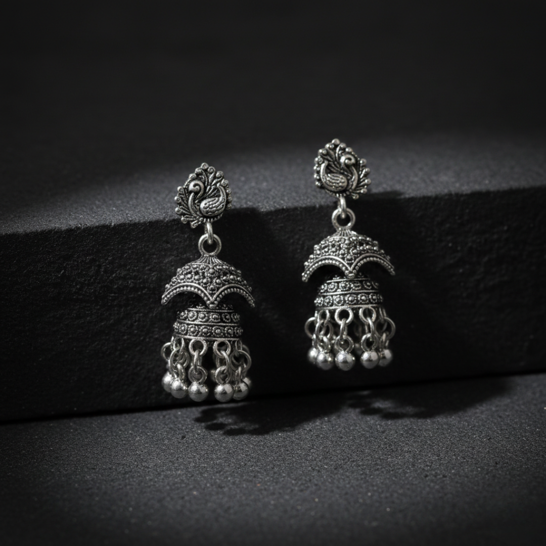 Oxidized Silver Peacock Design Jhumki Earrings for Women | Traditional Dome Jhumka | Ethnic Statement Jewelry