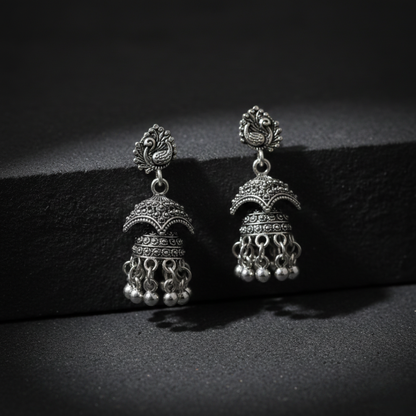 Oxidized Silver Peacock Design Jhumki Earrings for Women | Traditional Dome Jhumka | Ethnic Statement Jewelry
