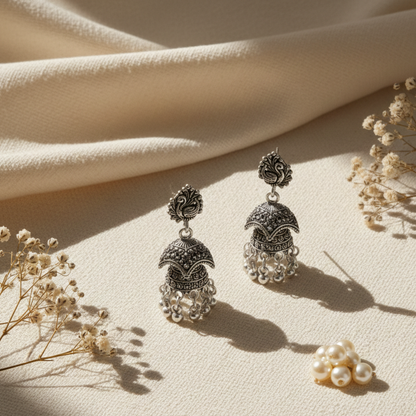 Oxidized Silver Peacock Design Jhumki Earrings for Women | Traditional Dome Jhumka | Ethnic Statement Jewelry