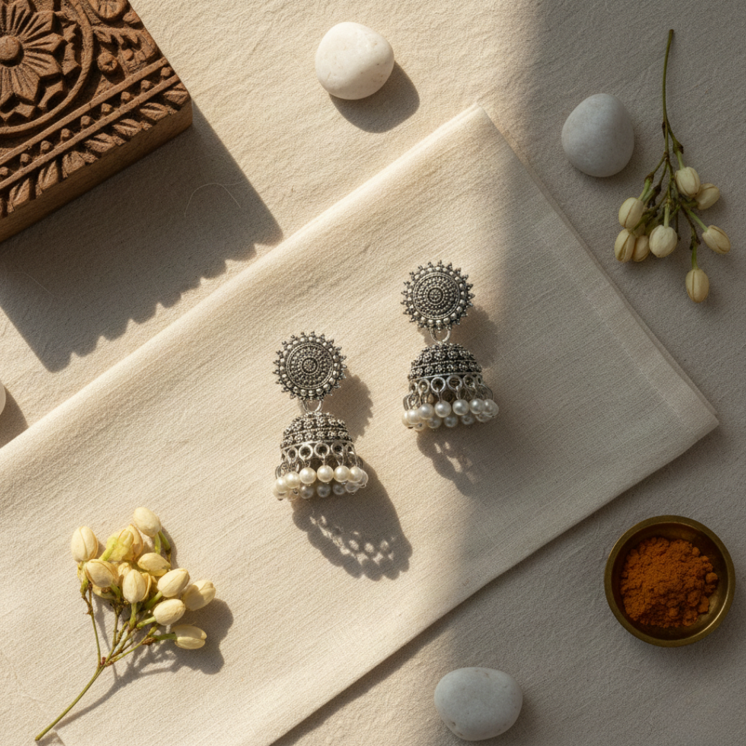 Oxidized Silver Pearl Drop Jhumki Earrings for Women | Traditional Dome Jhumka | Ethnic Statement Jewellery