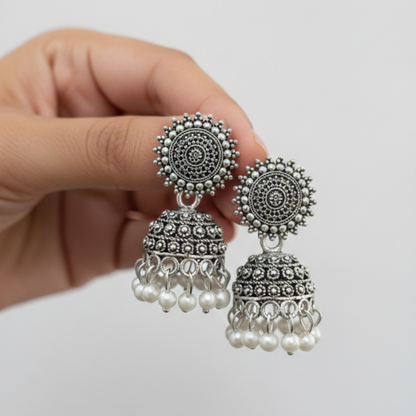 Oxidized Silver Pearl Drop Jhumki Earrings for Women | Traditional Dome Jhumka | Ethnic Statement Jewellery