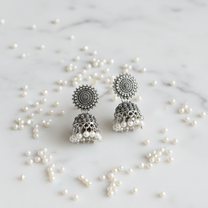 Oxidized Silver Pearl Drop Jhumki Earrings for Women | Traditional Dome Jhumka | Ethnic Statement Jewellery