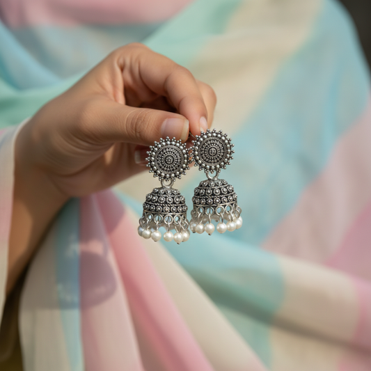 Oxidized Silver Pearl Drop Jhumki Earrings for Women | Traditional Dome Jhumka | Ethnic Statement Jewellery