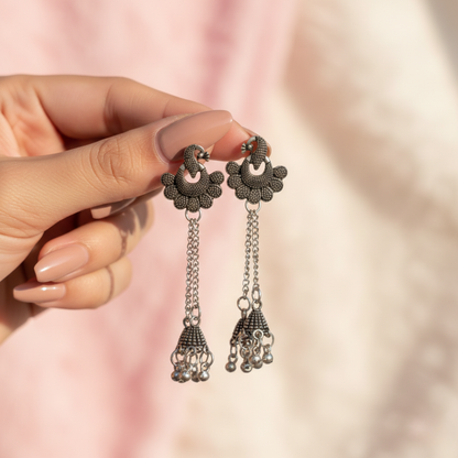 Oxidised Silver Peacock Floral Long Jhumki Earrings for Women | Traditional Ethnic Danglers | Statement Party & Festive Jewelry