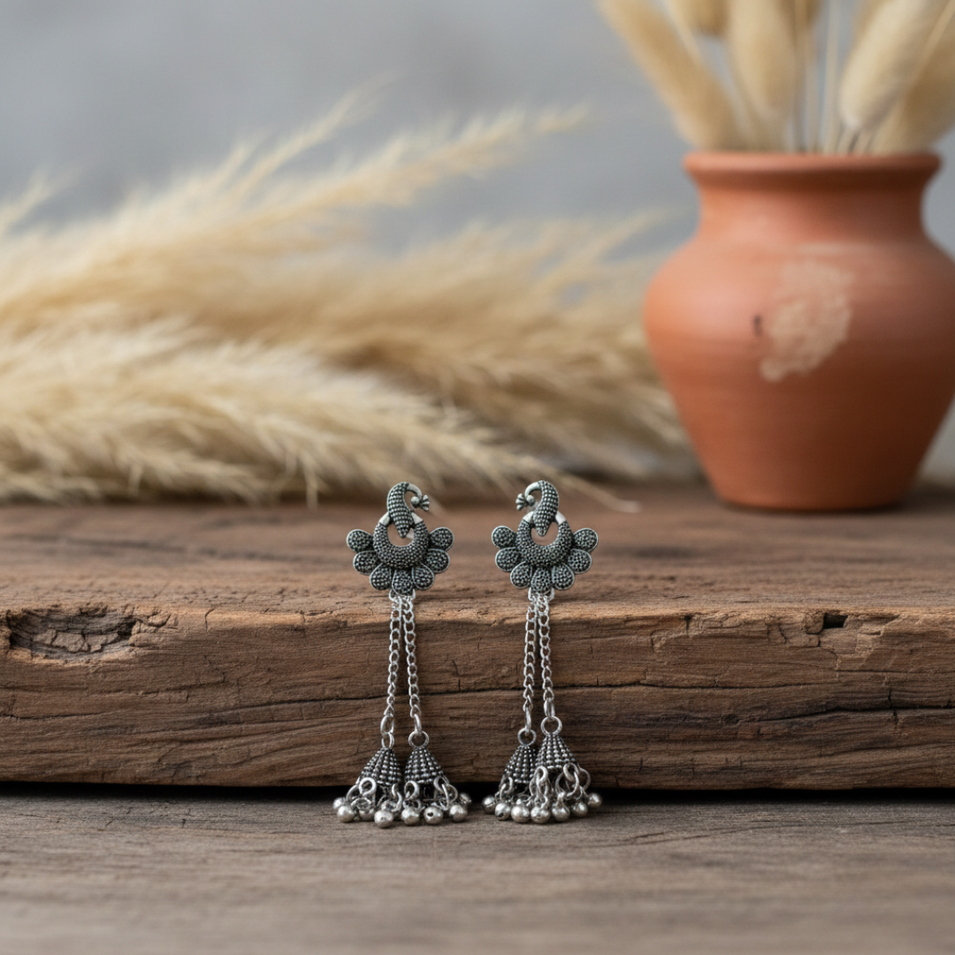 Oxidised Silver Peacock Floral Long Jhumki Earrings for Women | Traditional Ethnic Danglers | Statement Party & Festive Jewelry