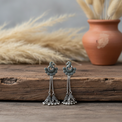 Oxidised Silver Peacock Floral Long Jhumki Earrings for Women | Traditional Ethnic Danglers | Statement Party & Festive Jewelry
