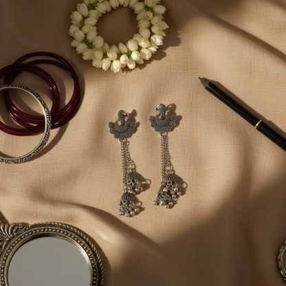 Oxidised Silver Peacock Floral Long Jhumki Earrings for Women | Traditional Ethnic Danglers | Statement Party & Festive Jewelry