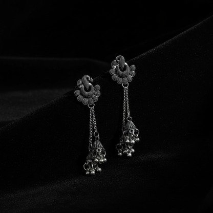Oxidised Silver Peacock Floral Long Jhumki Earrings for Women | Traditional Ethnic Danglers | Statement Party & Festive Jewelry
