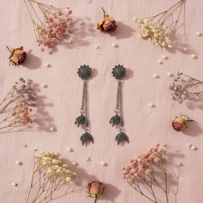 Oxidised Silver Floral Crescent Jhumki Earrings for Women | Boho Ethnic Statement Dangler Earrings