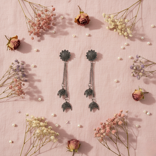 Oxidised Silver Floral Crescent Jhumki Earrings for Women | Boho Ethnic Statement Dangler Earrings