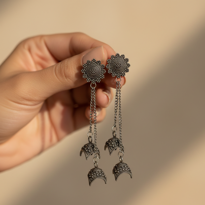 Oxidised Silver Floral Crescent Jhumki Earrings for Women | Boho Ethnic Statement Dangler Earrings