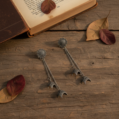 Oxidised Silver Floral Crescent Jhumki Earrings for Women | Boho Ethnic Statement Dangler Earrings
