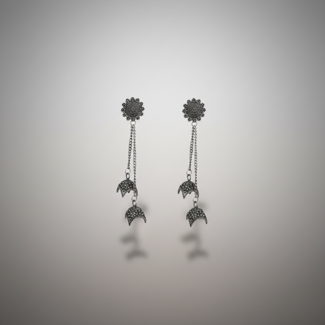 Oxidised Silver Floral Crescent Jhumki Earrings for Women | Boho Ethnic Statement Dangler Earrings