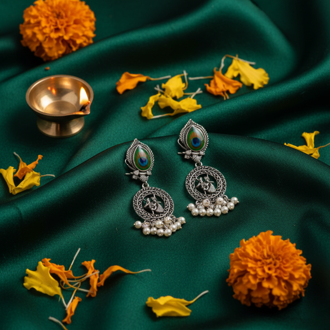Oxidised Silver Radha Krishna Jhumki Earrings with Peacock Feather Design & Pearl Drops | Traditional Ethnic Temple Jewelry for Women