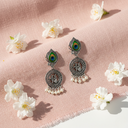 Oxidised Silver Radha Krishna Jhumki Earrings with Peacock Feather Design & Pearl Drops | Traditional Ethnic Temple Jewelry for Women