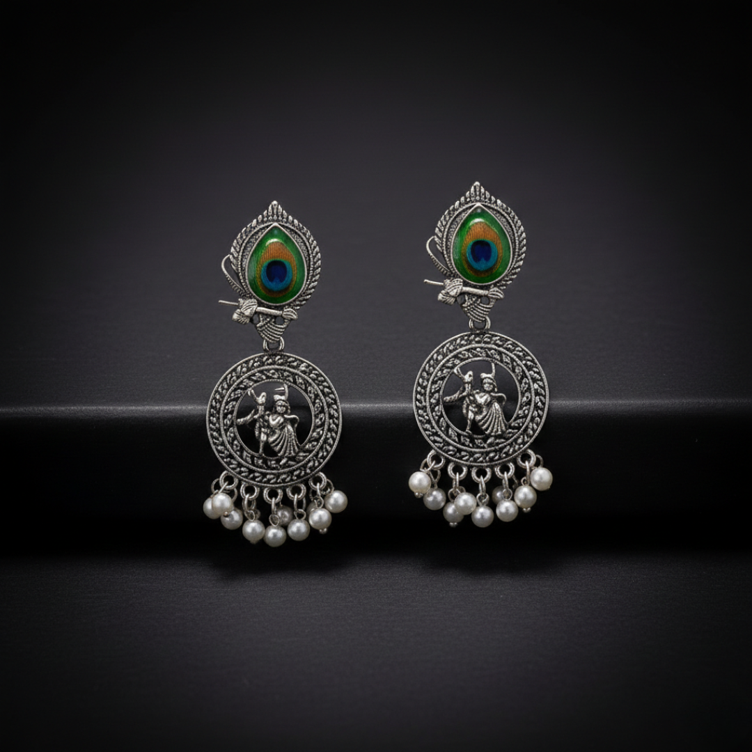 Oxidised Silver Radha Krishna Jhumki Earrings with Peacock Feather Design & Pearl Drops | Traditional Ethnic Temple Jewelry for Women