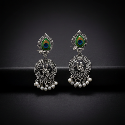 Oxidised Silver Radha Krishna Jhumki Earrings with Peacock Feather Design & Pearl Drops | Traditional Ethnic Temple Jewelry for Women