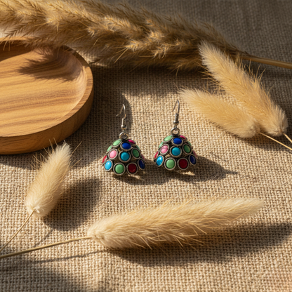 Oxidized Silver Multicolor Stone Jhumki Earrings – Boho Ethnic Dome Drop Earrings for Women & Girls