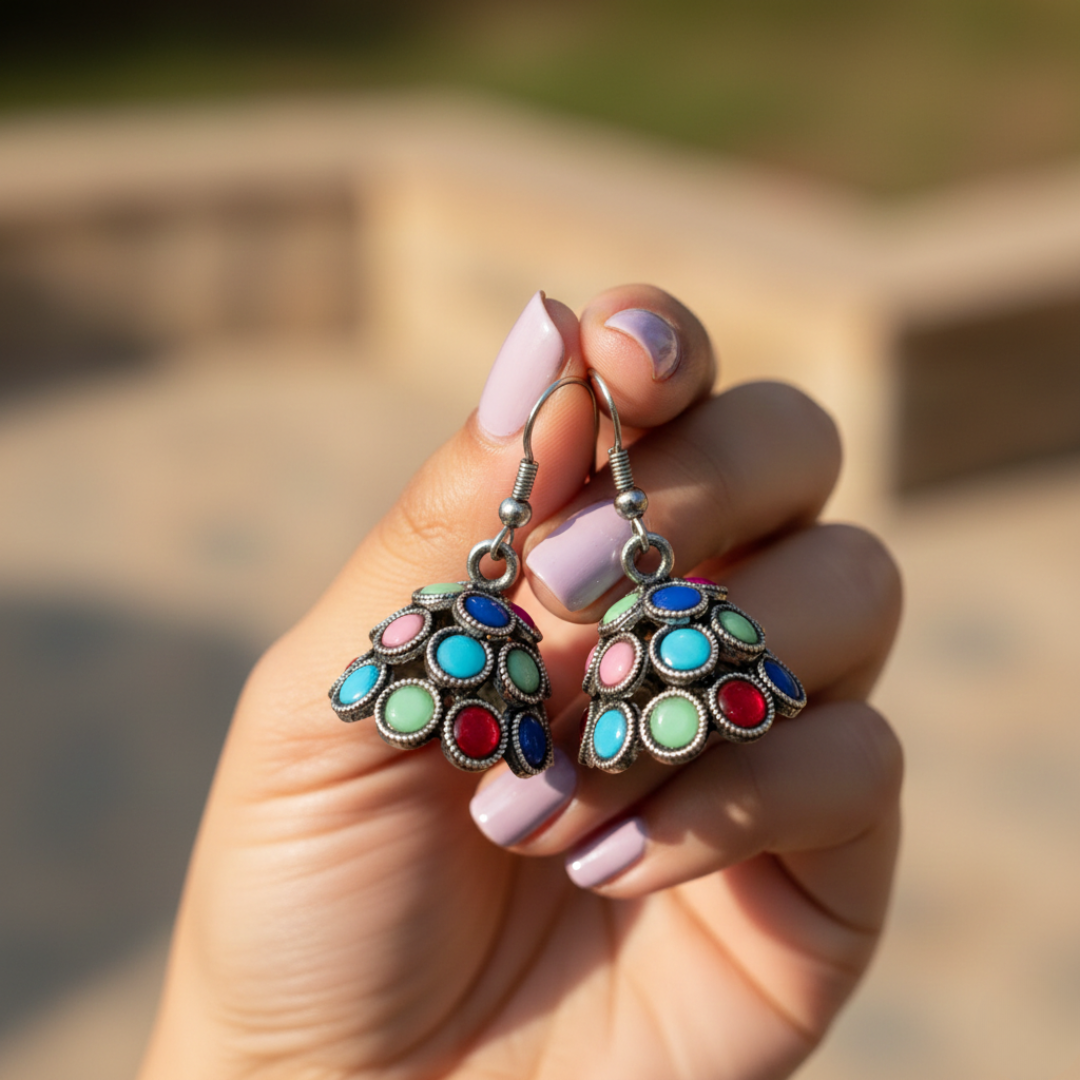 Oxidized Silver Multicolor Stone Jhumki Earrings – Boho Ethnic Dome Drop Earrings for Women & Girls