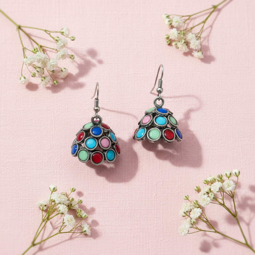 Oxidized Silver Multicolor Stone Jhumki Earrings – Boho Ethnic Dome Drop Earrings for Women & Girls